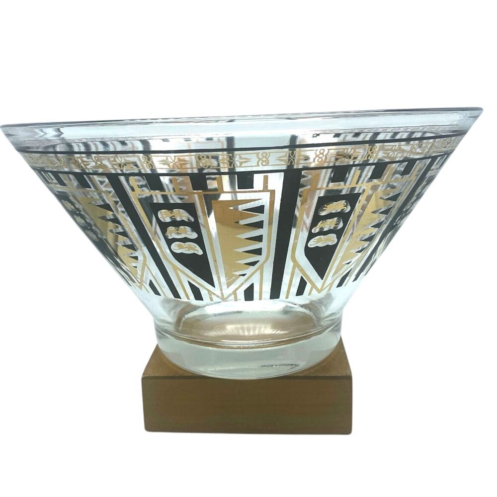 Vintage Libby Chip Salad Serving BOWL Barware Gold Black Glass 10.5" wide